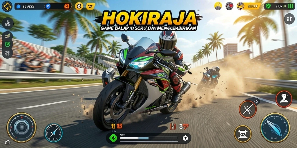 Screenshot gameplay HOKIRAJA yang menampilkan aksi balap motor yang mendebarkan.