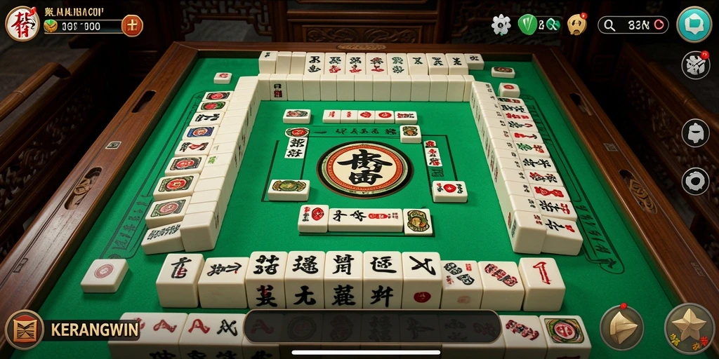 Tampilan gameplay KERANGWIN dengan ubin Mahjong yang berwarna-warni.