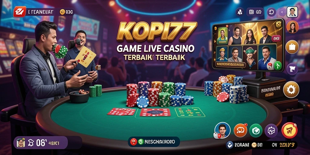 Screenshot utama KOPI77 menampilkan dealer live dalam permainan kasino yang mendebarkan.