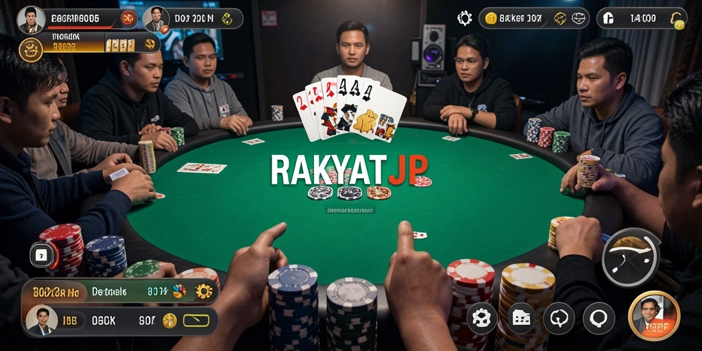 Screenshot RAKYATJP menunjukkan gameplay Poker yang mendebarkan dan interaksi sosial antar pemain.
